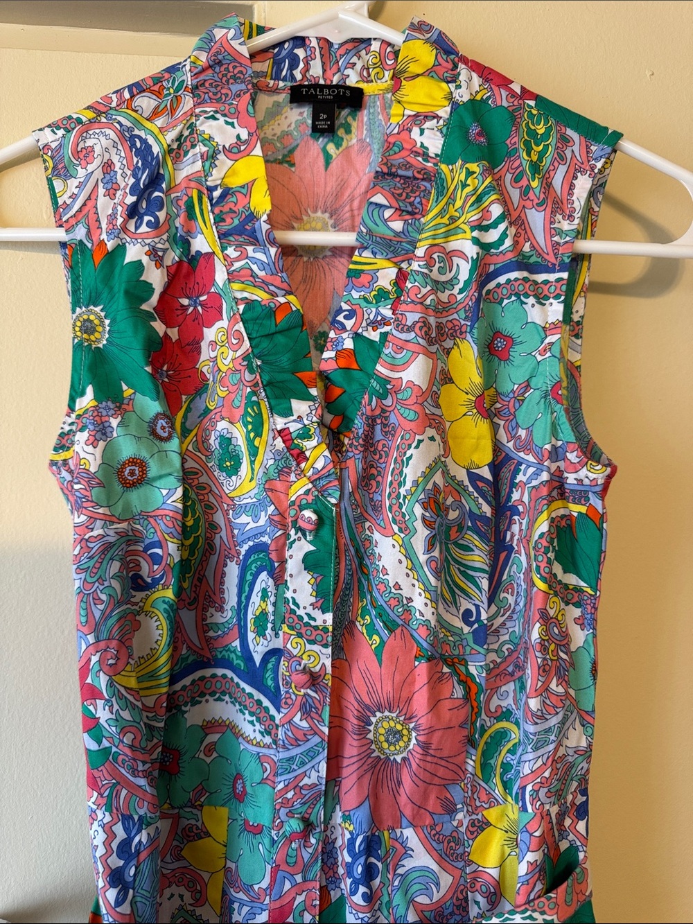 Talbots Sleeveless Paisley Floral Tie-Waist Midi Dress in Green, Pink and Yellow - Picture 2 of 9